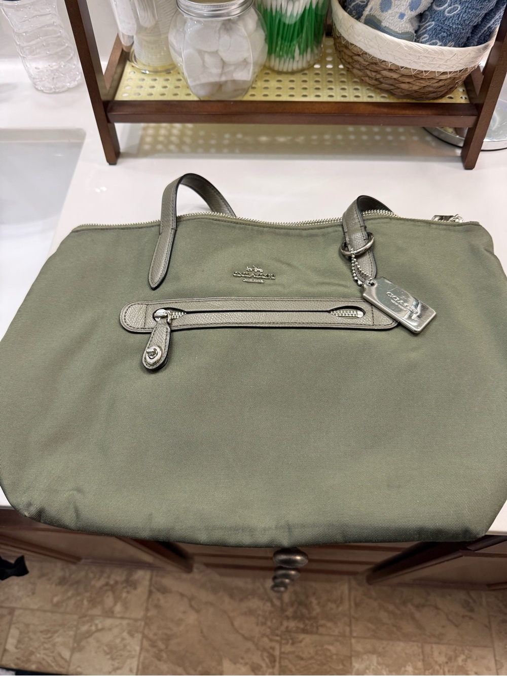 Coach Women’s Olive Green Nylon Tote Bag with Leather Trim